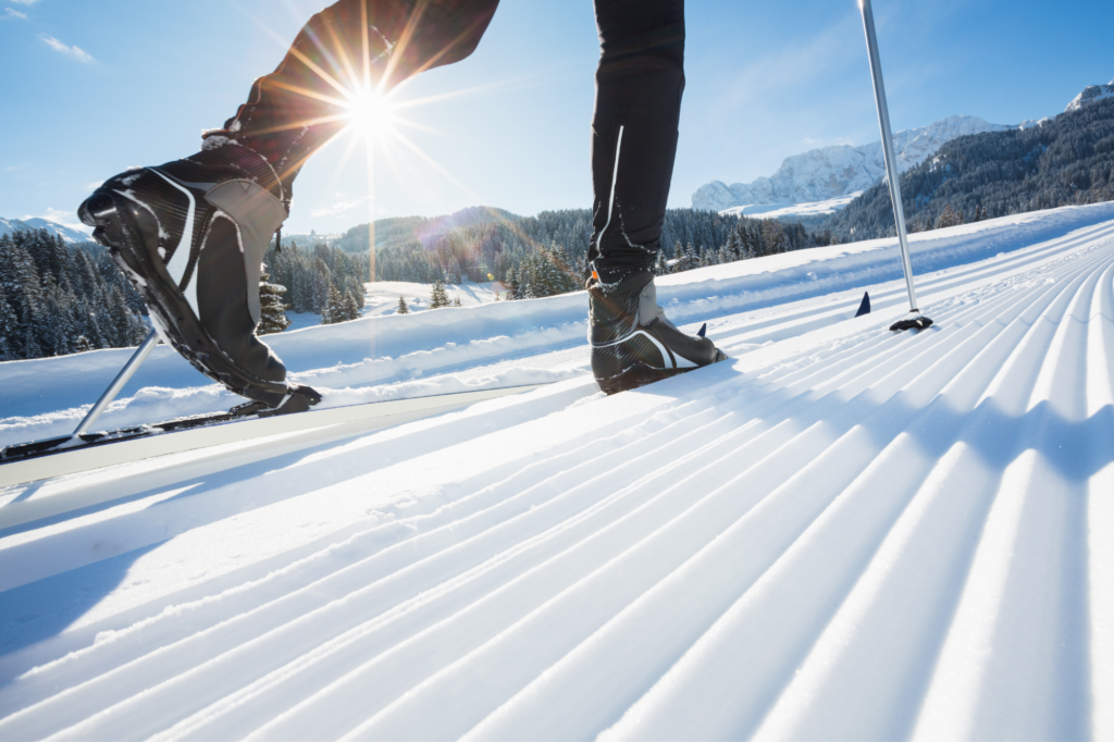 Skiers descending a snow-covered slope near Lake Superior